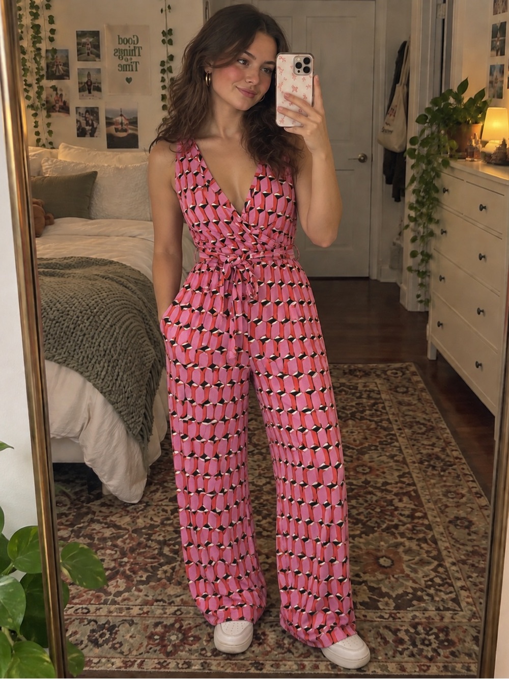 Diane Von Furstenberg Pink Geometric Wrap-Style Wide-Leg Jumpsuit
